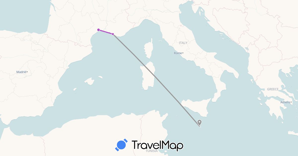 TravelMap itinerary: driving, plane, train in France, Malta (Europe)